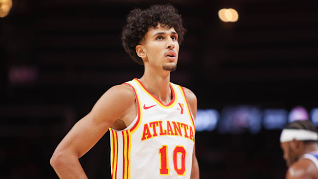 Atlanta Hawks forward Zaccharie Risacher (10) in action against the Philadelphia 76ers