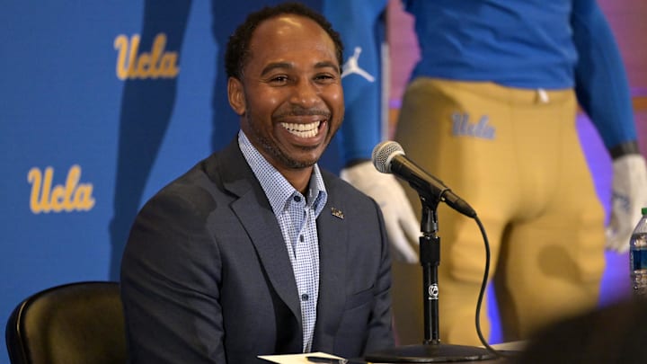 Feb 13, 2024; Los Angeles, CA, USA;  UCLA Bruins athletic director Martin Jarmond introduces DeShaun Foster as the new head football coach during a press conference at Pauley Pavilion.  Mandatory Credit: Jayne Kamin-Oncea-Imagn Images