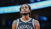 Oct 17, 2025; Toronto, Ontario, CAN; Brooklyn Nets center Nic Claxton (33) looks on against the Toronto Raptors during the second half at Scotiabank Arena. Mandatory Credit: Kevin Sousa-Imagn Images
