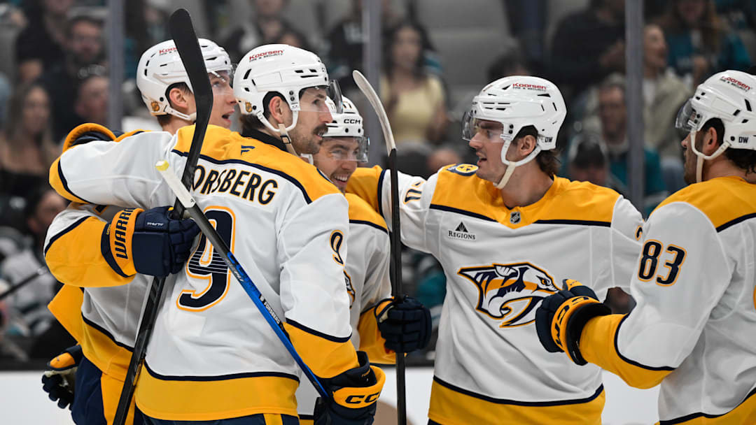 Apr 4, 2026; San Jose, California, USA; Nashville Predators left winger Filip Forsberg (9) celebrates their goal with teammates in the first period at SAP Center at San Jose. Mandatory Credit: Eakin Howard-Imagn Images