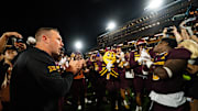 Sep 13, 2025; Tempe, Arizona, USA; Arizona State Sun Devils running back Raleek Brown (3) and Arizona State Sun Devils head coach Kenny Dillingham lead the fight song after the game between Arizona State Sun Devils and Texas State Bobcats. Mandatory Credit: Arianna Grainey-Imagn Images