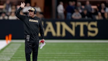 Dec 1, 2024; New Orleans, Louisiana, USA; New Orleans Saints interim head coach Darren Rizzi reacts on the sideline during the second half against the Los Angeles Rams at Caesars Superdome. Mandatory Credit: Matthew Hinton-Imagn Images