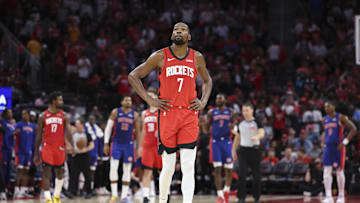 Oct 24, 2025; Houston, Texas, USA; Houston Rockets forward Kevin Durant (7) looks up after a play during the fourth quarter against the Detroit Pistons at Toyota Center. Mandatory Credit: Troy Taormina-Imagn Images