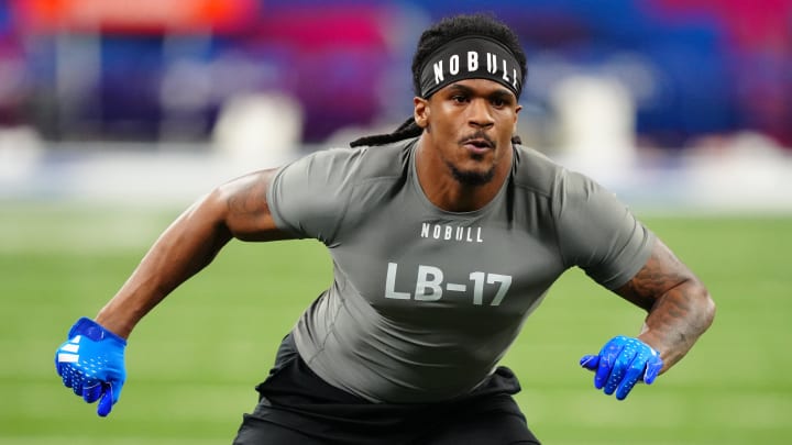 Feb 29, 2024; Indianapolis, IN, USA; Penn State linebacker Curtis Jacobs (LB17) works out during the 2024 NFL Combine at Lucas Oil Stadium. Mandatory Credit: Kirby Lee-USA TODAY Sports