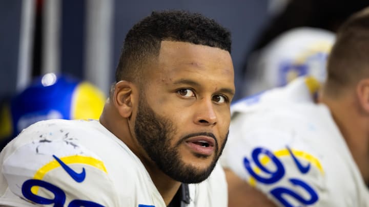 Nov 26, 2023; Glendale, Arizona, USA; Los Angeles Rams defensive tackle Aaron Donald (99) against the Arizona Cardinals at State Farm Stadium. Mandatory Credit: Mark J. Rebilas-USA TODAY Sports