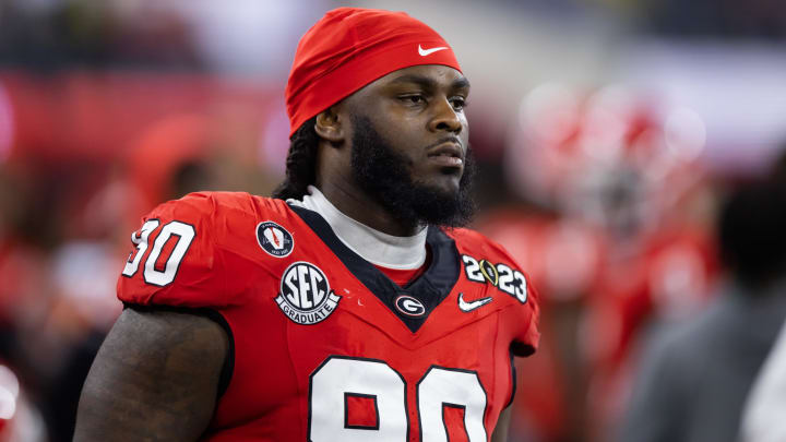 Jan 9, 2023; Inglewood, CA, USA; Georgia Bulldogs defensive lineman Tramel Walthour (90) against the TCU Horned Frogs during the CFP national championship game at SoFi Stadium. Mandatory Credit: Mark J. Rebilas-USA TODAY Sports