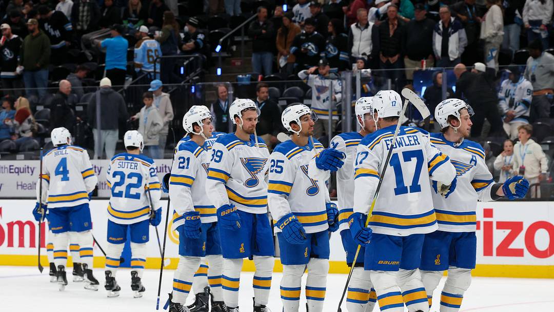 Apr 16, 2026; Salt Lake City, Utah, USA; The St. Louis Blues celebrate after defeating the Utah Mammoth at Delta Center. Mandatory Credit: Rob Gray-Imagn Images