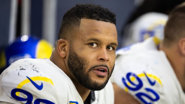 Nov 26, 2023; Glendale, Arizona, USA; Los Angeles Rams defensive tackle Aaron Donald (99) against the Arizona Cardinals at State Farm Stadium. Mandatory Credit: Mark J. Rebilas-USA TODAY Sports