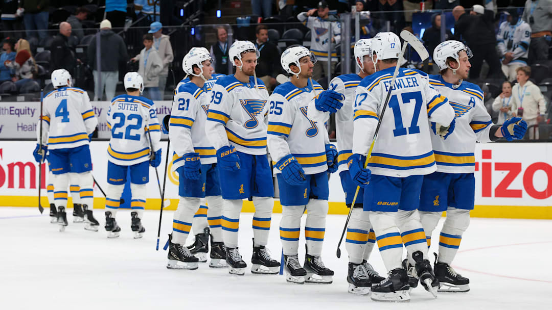 Apr 16, 2026; Salt Lake City, Utah, USA; The St. Louis Blues celebrate after defeating the Utah Mammoth at Delta Center. Mandatory Credit: Rob Gray-Imagn Images