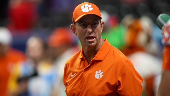 Aug 31, 2024; Atlanta, Georgia, USA; Clemson Tigers head coach Dabo Swinney on the field before a game against the Georgia Bulldogs at Mercedes-Benz Stadium.