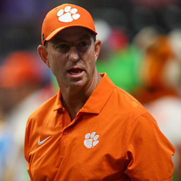 Aug 31, 2024; Atlanta, Georgia, USA; Clemson Tigers head coach Dabo Swinney on the field before a game against the Georgia Bulldogs at Mercedes-Benz Stadium