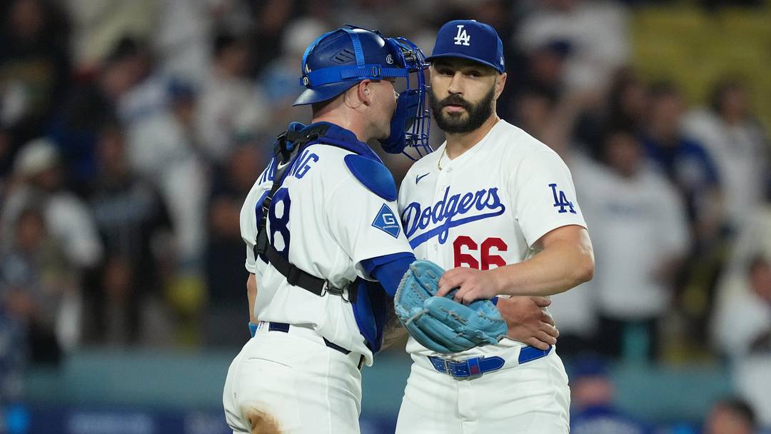 Los Angeles Dodgers catcher Dalton Rushing and pitcher Tanner Scott.