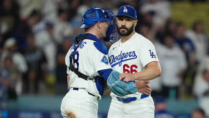Los Angeles Dodgers catcher Dalton Rushing and pitcher Tanner Scott.