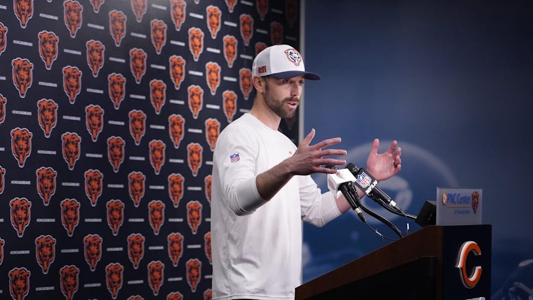 May 10, 2025; Lake Forest, IL, USA; Chicago Bears offensive coordinator Declan Doyle answers questions after rookie minicamp at Halas Hall. Mandatory Credit: David Banks-Imagn Images