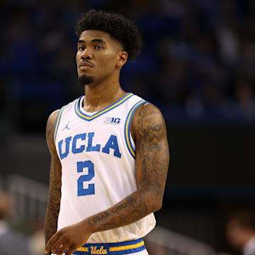 Nov 7, 2025; Los Angeles, California, USA;  UCLA Bruins guard Donovan Dent (2) looks on during the first half against the Pepperdine Waves at Pauley Pavilion presented by Wescom Financial. Mandatory Credit: Kiyoshi Mio-Imagn Images