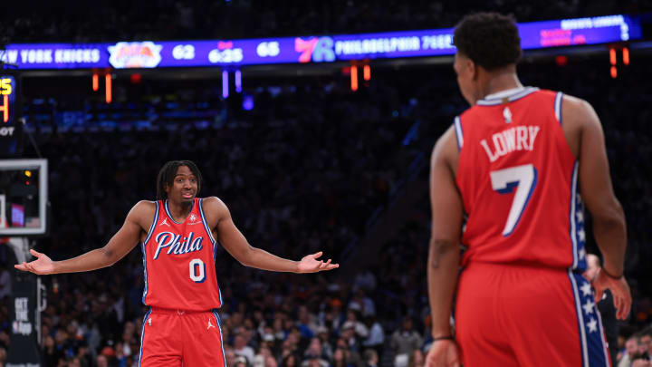 Apr 22, 2024; New York, New York, USA; Philadelphia 76ers guard Tyrese Maxey (0) reacts in front of Apr 22, 2024; New York, New York, USA; Philadelphia 76ers guard Tyrese Maxey (0) reacts in front of