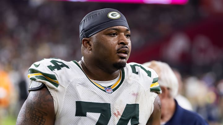 Oct 19, 2025; Glendale, Arizona, USA; Green Bay Packers center Elgton Jenkins (74) against the Arizona Cardinals at State Farm Stadium. 