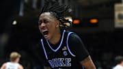 Dec 2, 2025; Durham, North Carolina, USA; Duke Blue Devils forward Isaiah Evans (3) reacts after making the game-winning steal during the second half against the Florida Gators at Cameron Indoor Stadium.  The Blue Devils won 67-66. Mandatory Credit: Rob Kinnan-Imagn Images