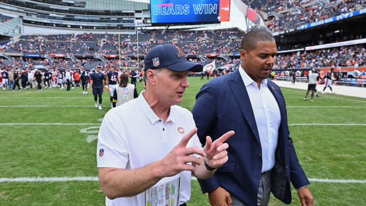 Aug 13, 2022; Chicago, Illinois, USA;  Chicago Bears head coach Matt Eberflus, left, and general