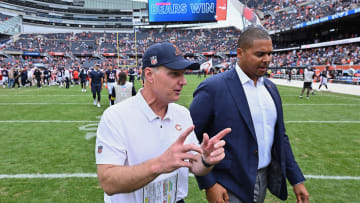 Aug 13, 2022; Chicago, Illinois, USA;  Chicago Bears head coach Matt Eberflus, left, and general