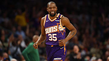 Mar 24, 2025; Phoenix, Arizona, USA; Phoenix Suns forward Kevin Durant (35) against the Milwaukee Bucks at Footprint Center. Mandatory Credit: Mark J. Rebilas-Imagn Images
