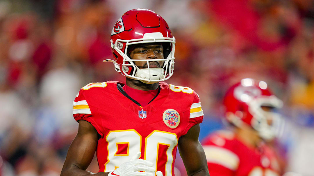Oct 12, 2025; Kansas City, Missouri, USA; Kansas City Chiefs wide receiver Tyquan Thornton (80) warms up prior to a game against the Detroit Lions at GEHA Field at Arrowhead Stadium. Mandatory Credit: Jay Biggerstaff-Imagn Images
