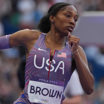 Kaylyn Brown (USA) in the 4x400m relay mixed round 1 during the Paris 2024 Olympic Summer Games at Stade de France. The U.S won silver in the finals, with the Netherlands taking the gold 