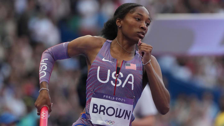 Kaylyn Brown (USA) in the 4x400m relay mixed round 1 during the Paris 2024 Olympic Summer Games at Stade de France. The U.S won silver in the finals, with the Netherlands taking the gold 