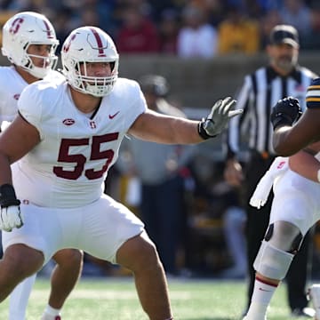 Nov 23, 2024; Berkeley, California, USA; Stanford Cardinal offensive lineman Simione Pale (55) during the first quarter against the California Golden Bears at California Memorial Stadium. Mandatory Credit: Darren Yamashita-Imagn Images