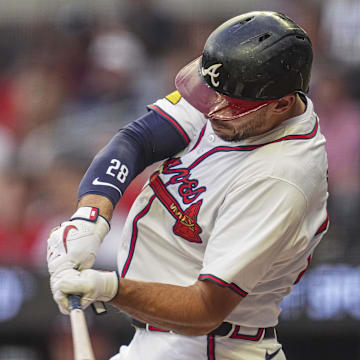 Atlanta Braves first base Matt Olson (28) hits a double against the Colorado Rockies during the first inning at Truist Park on Sept 4.