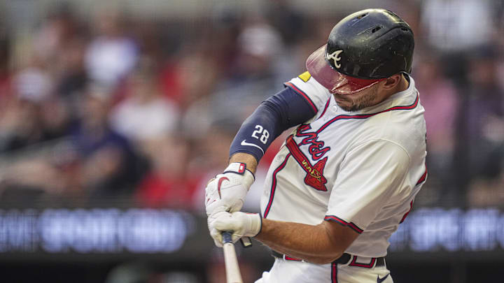 Atlanta Braves first base Matt Olson (28) hits a double against the Colorado Rockies during the first inning at Truist Park on Sept 4.