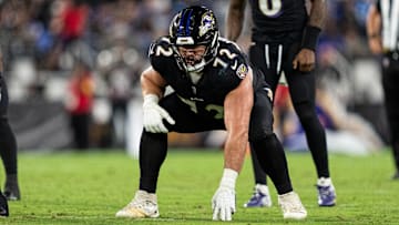 Baltimore Ravens offensive lineman Andrew Vorhees prepares to snap into position during the Week 3 matchup against the Detroit Lions at M&T Bank Stadium.