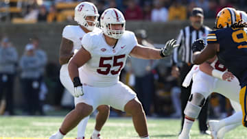 Nov 23, 2024; Berkeley, California, USA; Stanford Cardinal offensive lineman Simione Pale (55) during the first quarter against the California Golden Bears at California Memorial Stadium. Mandatory Credit: Darren Yamashita-Imagn Images
