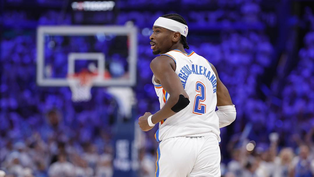 May 26, 2026; Oklahoma City, Oklahoma, USA; Oklahoma City Thunder guard Shai Gilgeous-Alexander (2) reacts after a play during the third quarter against the San Antonio Spurs in game five of the western conference finals for the 2026 NBA playoffs at Paycom Center. Mandatory Credit: Alonzo Adams-Imagn Images