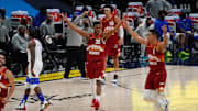 Apr 28, 2021; Denver, Colorado, USA; Denver Nuggets guard PJ Dozier (35) and forward Michael Porter Jr. (1) celebrate a score in the fourth quarter against the New Orleans Pelicans at Ball Arena. Mandatory Credit: Ron Chenoy-Imagn Images
