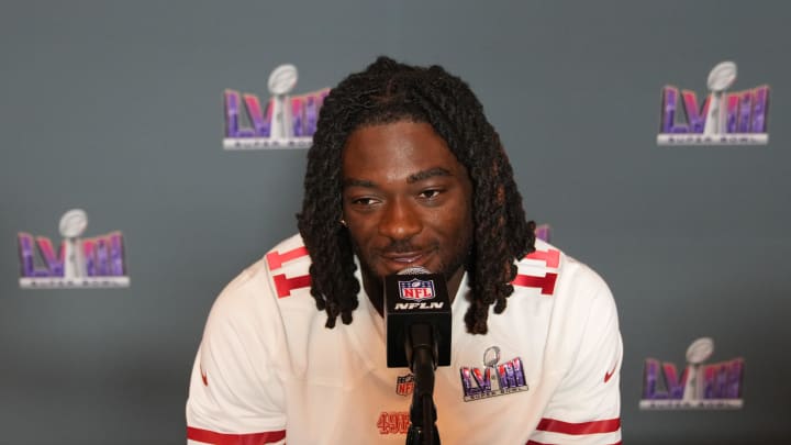 Feb 7, 2024; Las Vegas, NV, USA; San Francisco 49ers wide receiver Brandon Aiyuk (11) during a press conference before Super Bowl LVIII at Hilton Lake Las Vegas Resort and Spa. Mandatory Credit: Kyle Terada-USA TODAY Sports