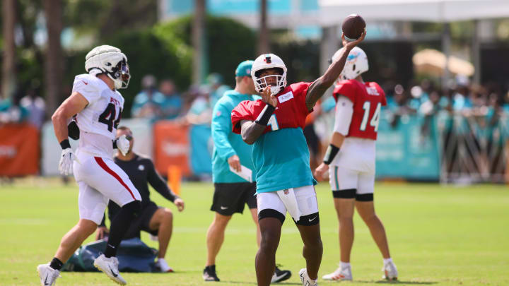 Miami Dolphins quarterback Tua Tagovailoa (1) throws the football during a joint practice with the Atlanta Falcons at Baptist Health Training Complex.