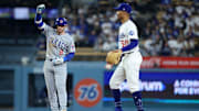 Chicago Cubs outfielder Ian Happ reacts after hitting a double against the Los Angeles Dodgers during the eighth inning at Dodger Stadium. 