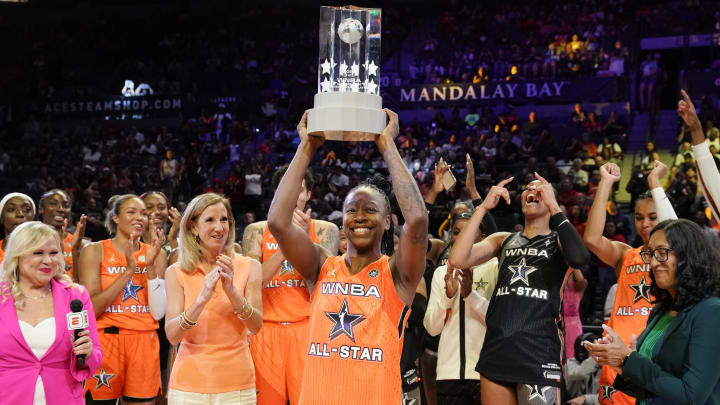 Jul 15, 2023; Las Vegas, NV, USA; Team Wilson guard Jewell Loyd (24) holds the MVP award during the 2023 WNBA All-Star Game at Michelob Ultra Arena. 