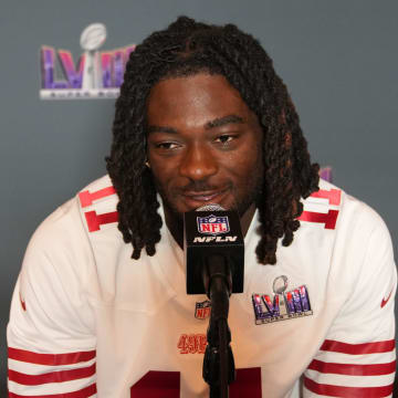 Feb 7, 2024; Las Vegas, NV, USA; San Francisco 49ers wide receiver Brandon Aiyuk (11) during a press conference before Super Bowl LVIII at Hilton Lake Las Vegas Resort and Spa. Mandatory Credit: Kyle Terada-USA TODAY Sports