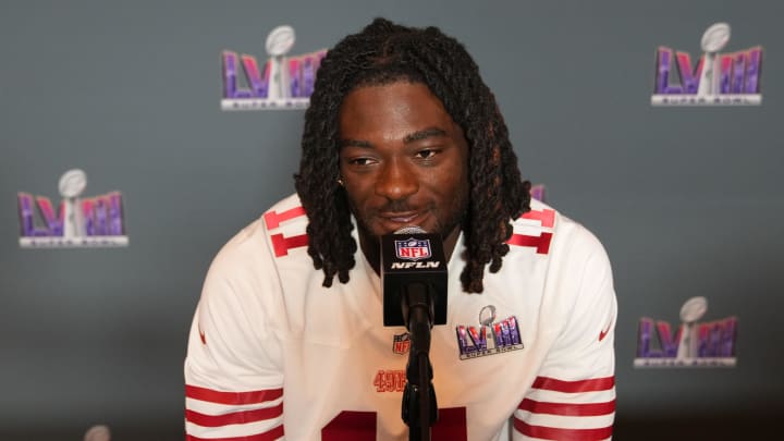 Feb 7, 2024; Las Vegas, NV, USA; San Francisco 49ers wide receiver Brandon Aiyuk (11) during a press conference before Super Bowl LVIII at Hilton Lake Las Vegas Resort and Spa. Mandatory Credit: Kyle Terada-USA TODAY Sports