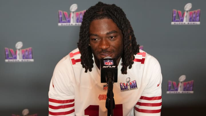 Feb 7, 2024; Las Vegas, NV, USA; San Francisco 49ers wide receiver Brandon Aiyuk (11) during a press conference before Super Bowl LVIII at Hilton Lake Las Vegas Resort and Spa. Mandatory Credit: Kyle Terada-USA TODAY Sports