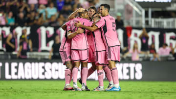 Aug 8, 2024; Ft. Lauderdale, Florida, USA; Inter Miami CF midfielder Matias Rojas (7) celebrates with defender Sergio Busquets (5) defender Yannick Bright (42) and defender Jordi Alba (18) after scoring a goal against Toronto FC in the second half during the Leagues Cup round of 32 at Chase Stadium. Mandatory Credit: Nathan Ray Seebeck-USA TODAY Sports