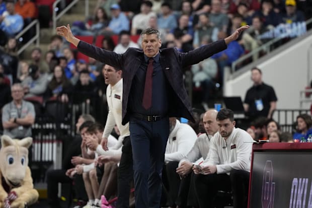 Oklahoma Sooners head coach Porter Moser watches play during the first half against the Connecticut Huskies at Lenovo Center.