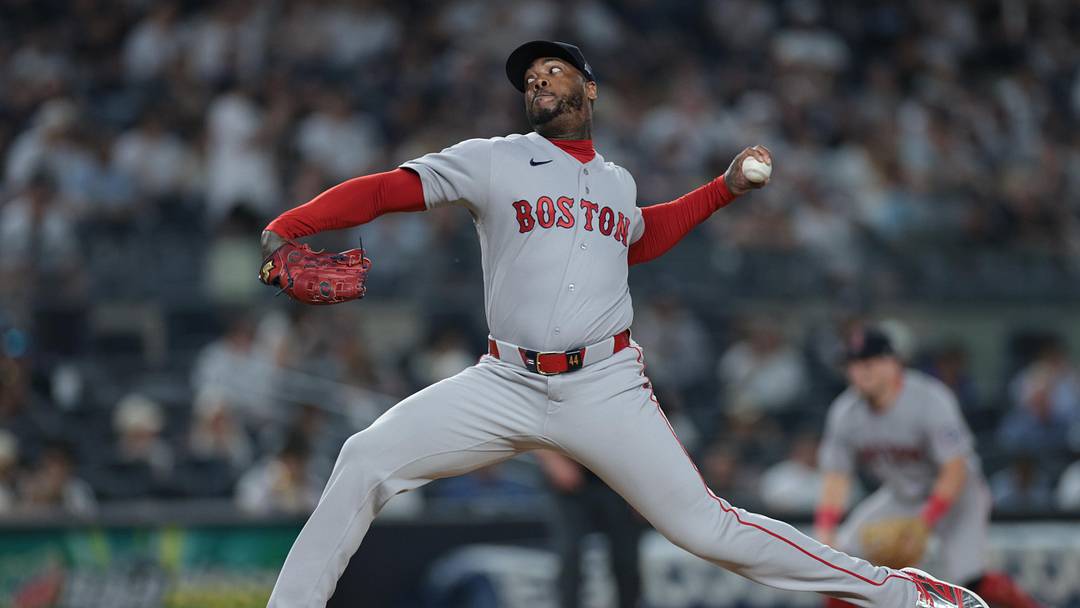 Jun 5, 2026; Bronx, New York, USA; Boston Red Sox pitcher Aroldis Chapman (44) delivers a pitch during the ninth inning against the New York Yankees at Yankee Stadium. Mandatory Credit: Vincent Carchietta-Imagn Images