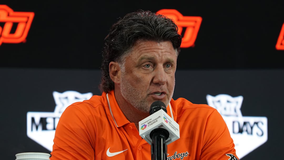  Oklahoma State head coach Mike Gundy speaks with the media during 2025 Big 12 Football Media Days.