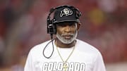 Sep 12, 2025; Houston, Texas, USA; Colorado Buffaloes head coach Deion Sanders looks on from the sideline during the first half against the Houston Cougars at TDECU Stadium. Mandatory Credit: Troy Taormina-Imagn Images