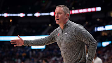 Georgia Bulldogs head coach Mike White works the sideline during their first round game of the SEC Men's Basketball Tournament against the Oklahoma Sooners at Bridgestone Arena in Nashville, Tenn., Wednesday, March 12, 2025.