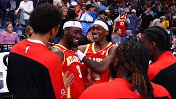 Mar 3, 2025; Memphis, Tennessee, USA; Atlanta Hawks guard Caris LeVert (3) reacts with teammates after defeating the Memphis Grizzlies at FedExForum. Mandatory Credit: Petre Thomas-Imagn Images