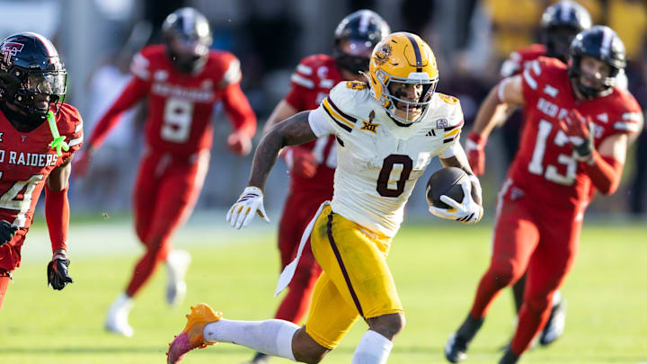 Oct 18, 2025; Tempe, Arizona, USA; Arizona State Sun Devils wide receiver Jordyn Tyson (0) against the Texas Tech Red Raiders in the second half at Mountain America Stadium. Mandatory Credit: Mark J. Rebilas-Imagn Images